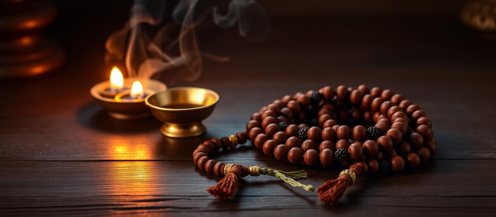 Traditional rudraksha japa mala prayer beads with brass diya